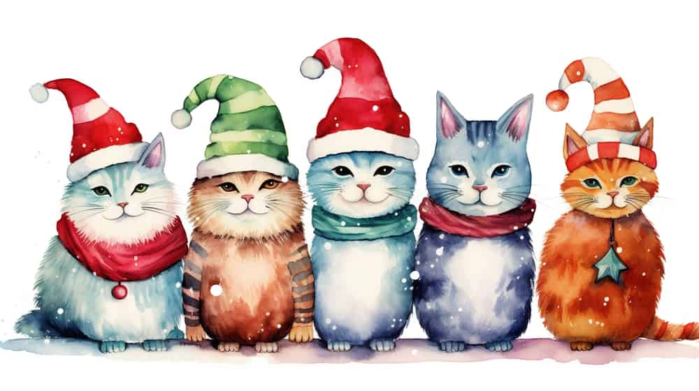고양이 쓴 크리스마스 모자 무리