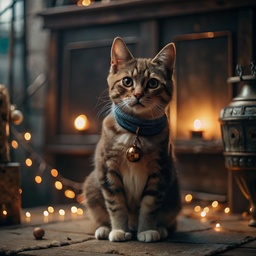 바닥 앞 크리스마스 트리에 앉은 고양이