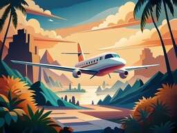 Detailed illustration of a plane flying over a tropical landscape