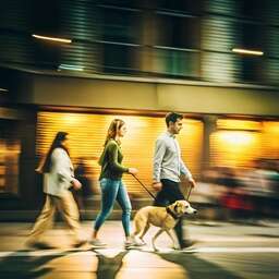 Group of People Walking a Dog Across a Crosswalk