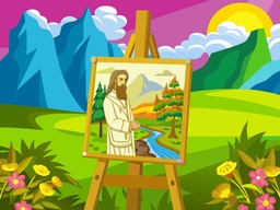 산 경관 앞 에 있는 예수 의 그림