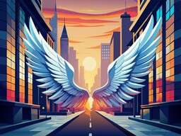 angel wings flying over a city street