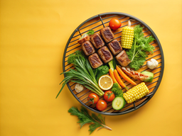 Plate of Meat and Vegetables on a Yellow Background