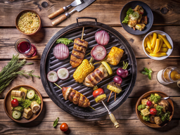 Wooden Table with a Grill and Various Foods on It