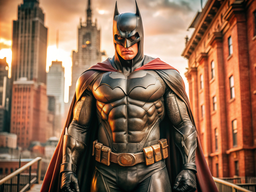 A Man In A Batman Costume Standing In Front Of A Cityscape