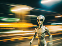 An Alien Walking Down A Street At Night