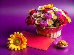 Basket of Flowers and a Book on a Purple Table