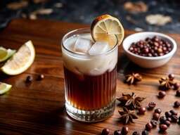 Glass Filled with a Drink on Top of a Wooden Cutting Board