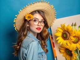 Woman in a Hat and Glasses Holding a Paintbrush