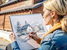 Woman Sitting on a Bench Drawing a House
