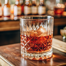 Glass of Whiskey Sitting on Top of a Wooden Table