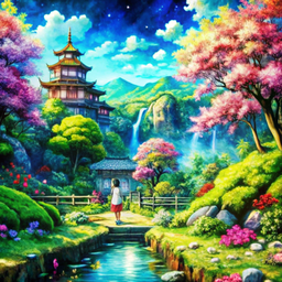 Painting of a Japanese Landscape with Flowers and Trees