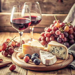 Glass of Wine, Cheese and Grapes on a Wooden Table