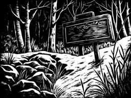 Black and White Illustration of a Sign in the Woods