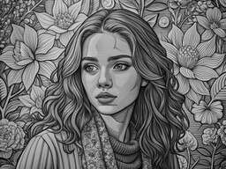 Black and White Drawing of a Woman Surrounded By Flowers