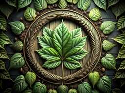 Wooden Background with Green Leaves and Leaves Around It