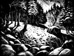 Black and White Illustration of a Waterfall in the Rain
