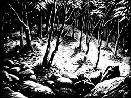 Black and White Image of Trees in the Woods