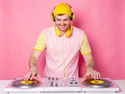 황색 모자와 헤드폰을 입은 남성 DJ