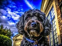 Black Dog Sitting on the Steps of a Building