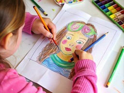 작은 소녀 앉은 테이블 그림 연필