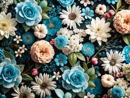 Bunch of Blue and White Flowers on a Black Background