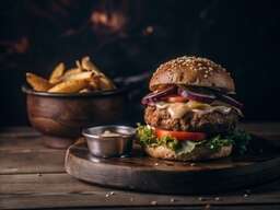 Hamburger on a Wooden Board with a Fire in the Background