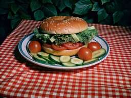 Plate with a Hamburger on It Sitting on a Red and White Checkered Tablecloth