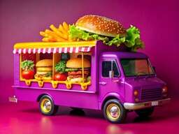 Purple Food Truck with a Hamburger on Top of It