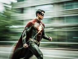 A Man Dressed As A Superhero Running Down The Street