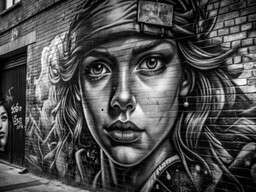 A Woman ' S Face Painted On A Brick Wall