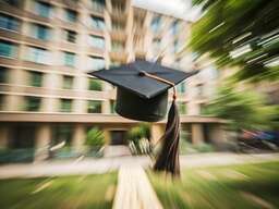 Graduation Cap Flying Through the Air in Front of a Building