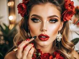 Woman with Red Lipstick and Flowers in Her Hair