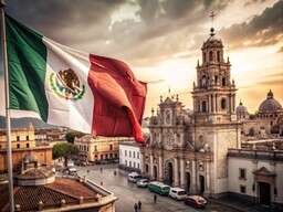 Flag of Mexico Flying in Front of the Cathedral