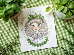 머리 속 에 녹색 잎 이 있는 소녀 의 그림
