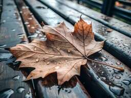 Leaf on a Wooden Bench in the Rain