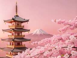 Cherry Blossoms and Pagodas in the Background of a Pink Sky