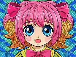 Girl with Pink Hair and Blue Eyes Is Standing in Front of a Green Background