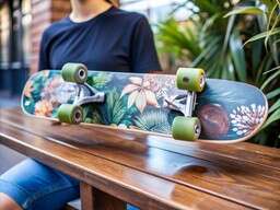 Woman Sitting on a Bench with a Skateboard