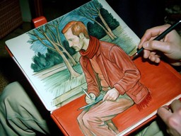 벤치 에 앉아 있는 남성 의 그림