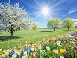 Field of Flowers and Trees with the Sun in the Background