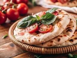 Three Flat Breads with Tomatoes and Basil on a Wooden Cutting Board