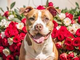 Brown and White Dog Sitting in Front of Red Roses