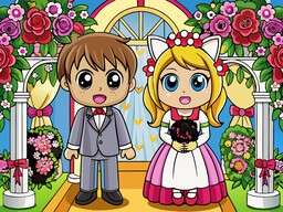 Cartoon Character and a Cartoon Character Are Standing in Front of a Wedding Arch