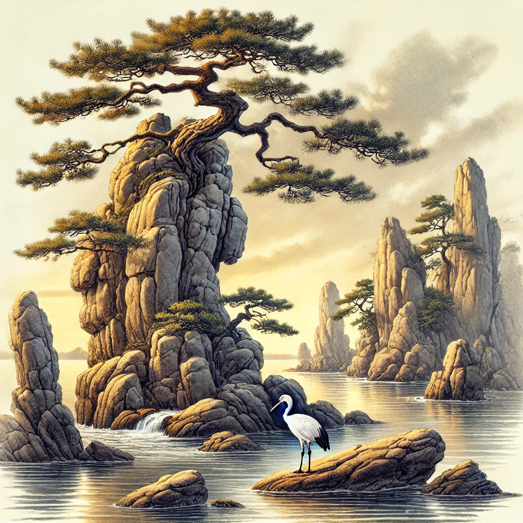 바위에 생명력 강한 소나무와 