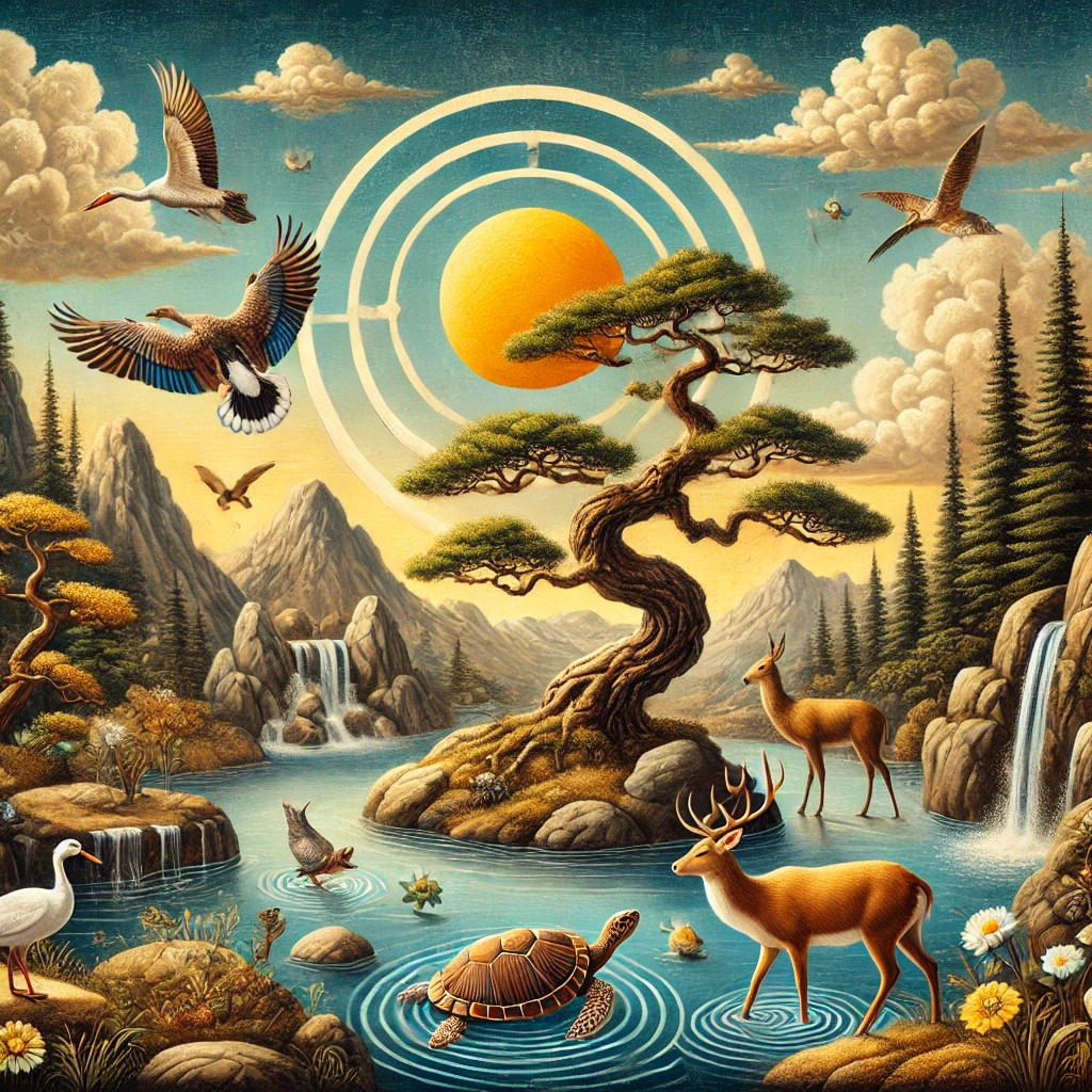 해송과 물 사이에 사슴의 여유로움