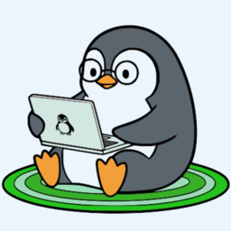 cartoon penguin with glasses using laptop