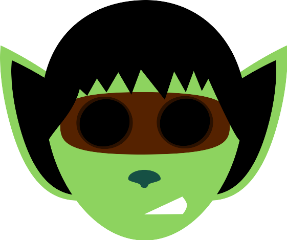 cartoon green goblin face with black hair and goggles