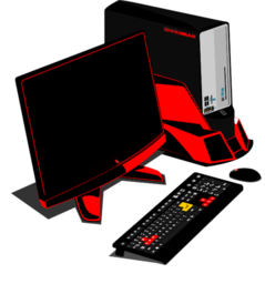 빨간색 검은 스탠드와 데스크탑 게임 PC