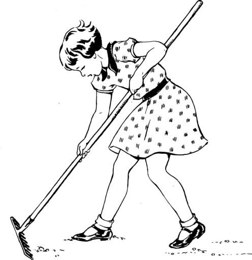 소녀 raking yard